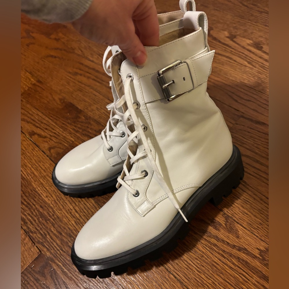 Stuart Weitzman Womens Ultra Lug Buckle Combat Boots Leather White EUR 37 US 6.5